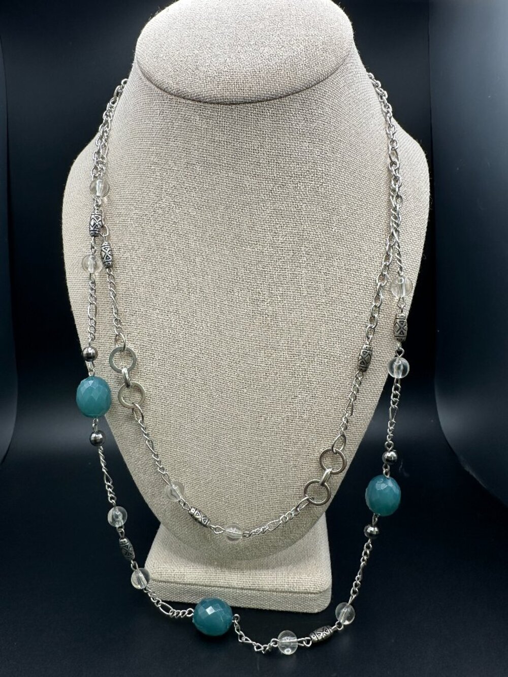 Long Silver Tone Beaded Necklace Blue Faceted Clear Beads Layered Station Style